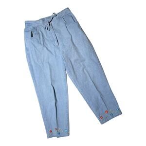 Vtg 1990s Denim & Co Blue Light Wash Elastic Waist Floral Embroidered Jeans M